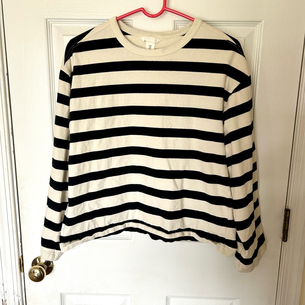 H&M Women’s Cream and Black Striped Top with Bell Sleeves